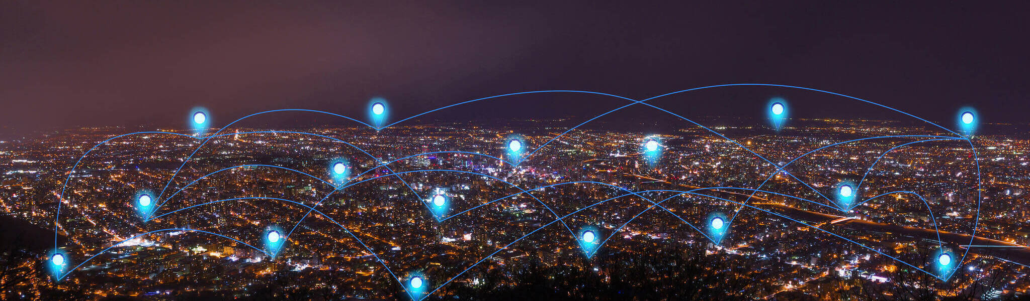 Pin Flat Above Night Cityscape And Glowing Networking Connection As Communication Concept